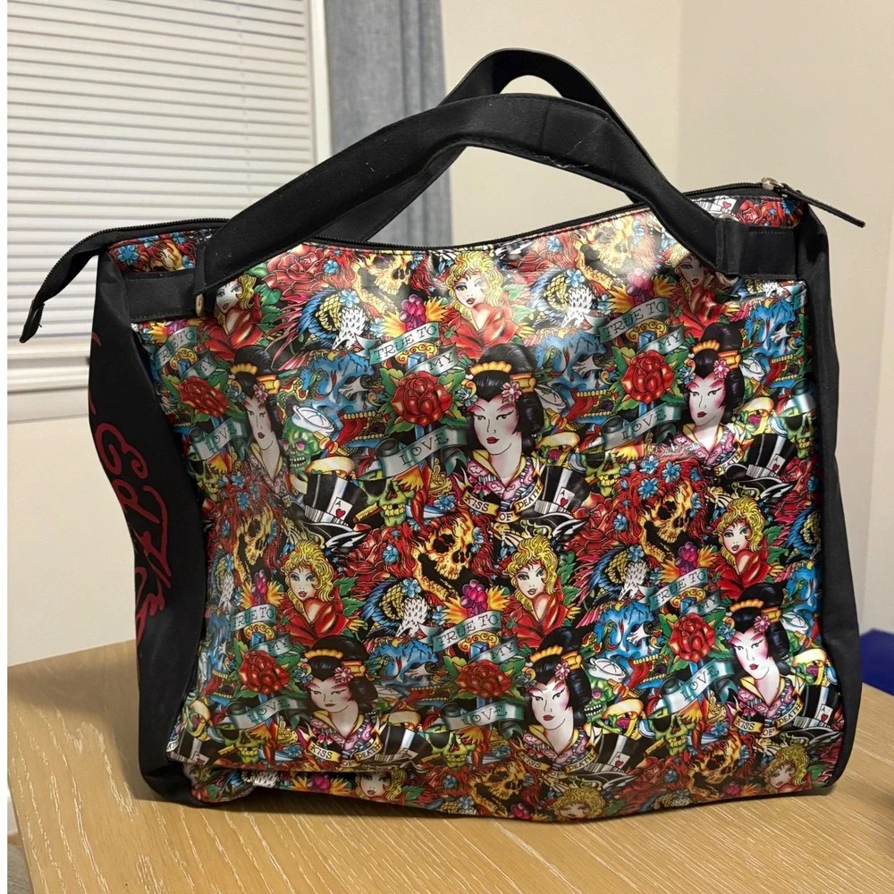Ed Hardy‎ Christian Audigier Tattoo Print Tote Bag Geisha Skull Black Canvas Y2K